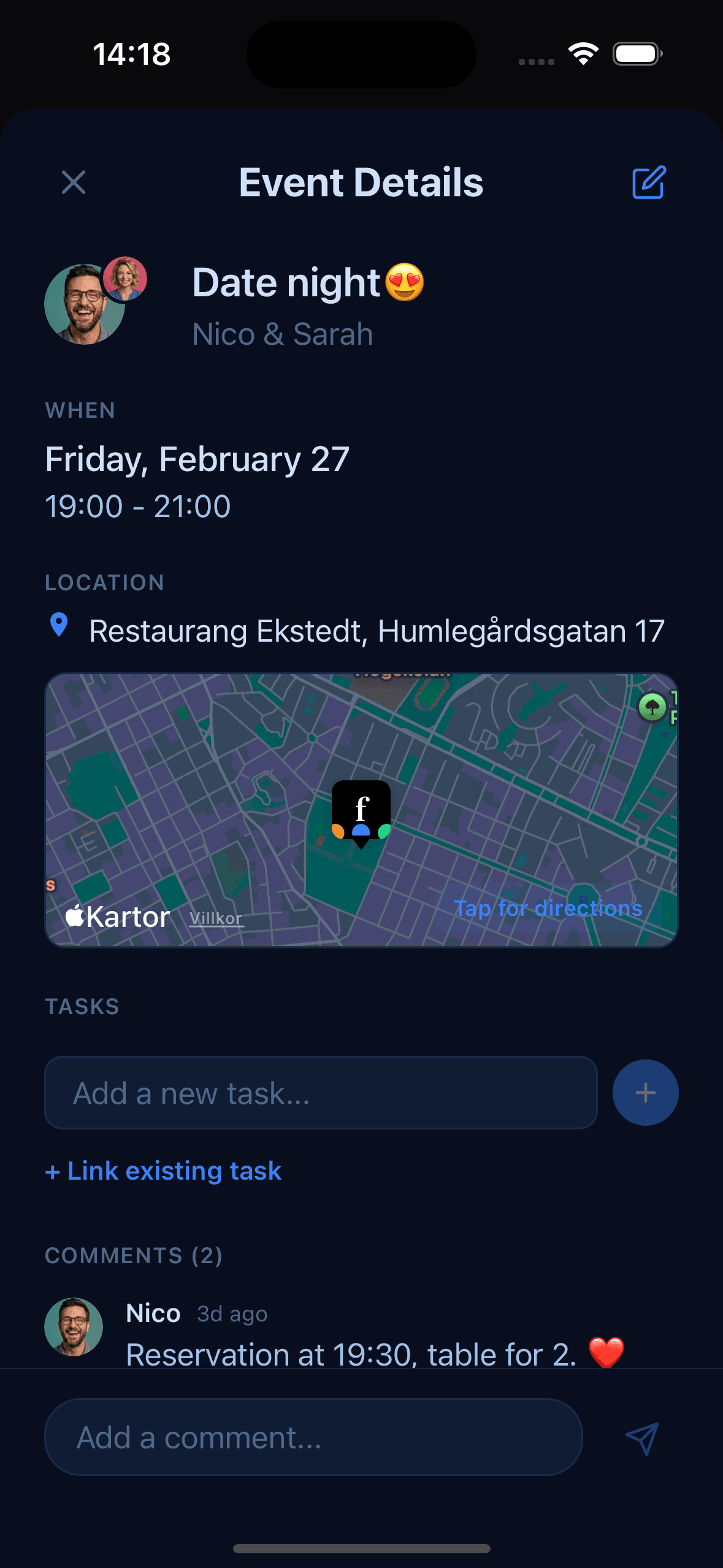 Event details screen with location map, tasks, and family comments
