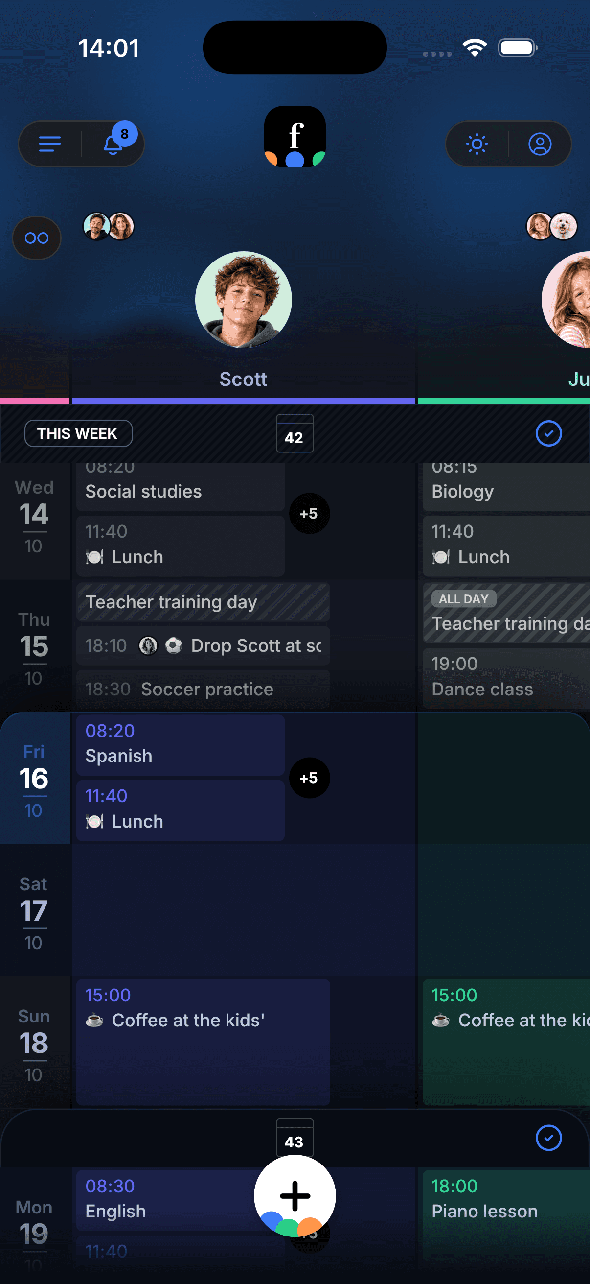 Famnly week view in dark mode